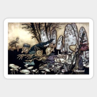 A band of workmen, who were sawing down a toadstool - Peter Pan at Kensington Gardens - Arthur Rackham Sticker